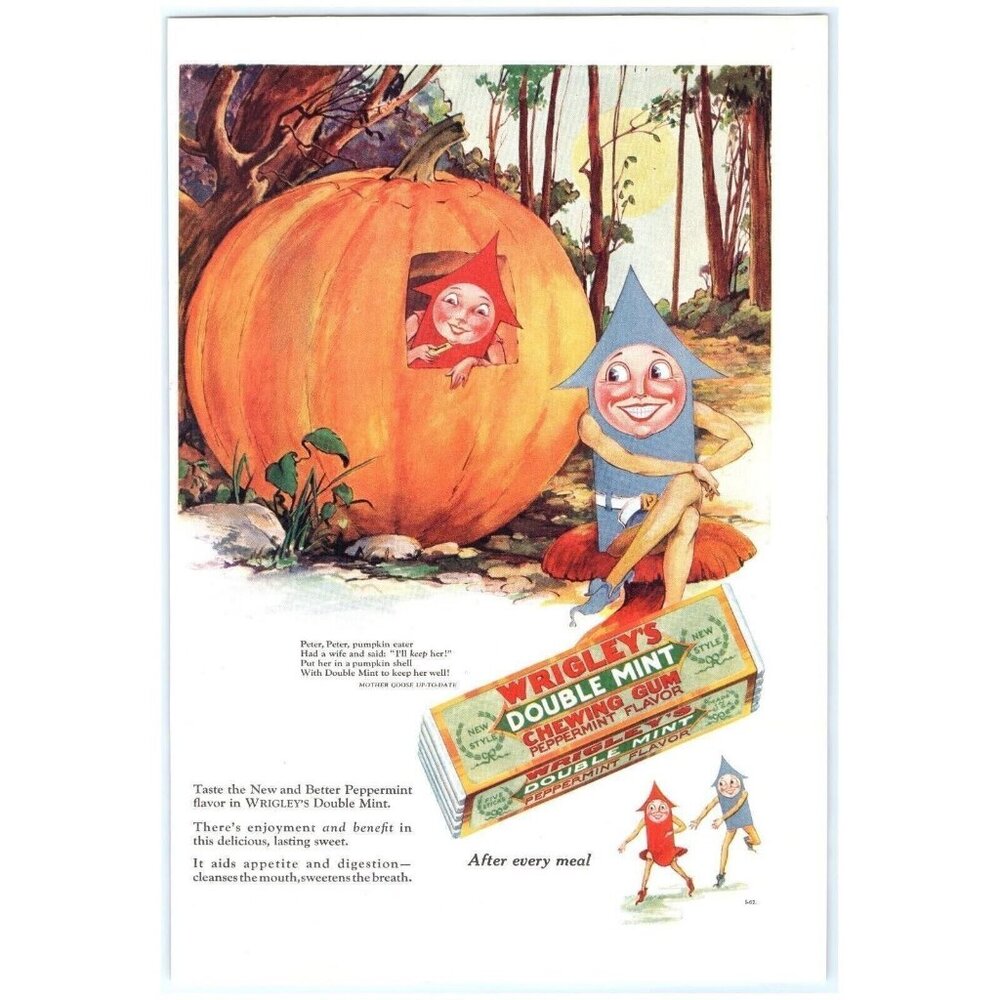 1928 Print Ad Wrigley's Double Mint Chewing Gum Mother Goose Pumpkin FAB!